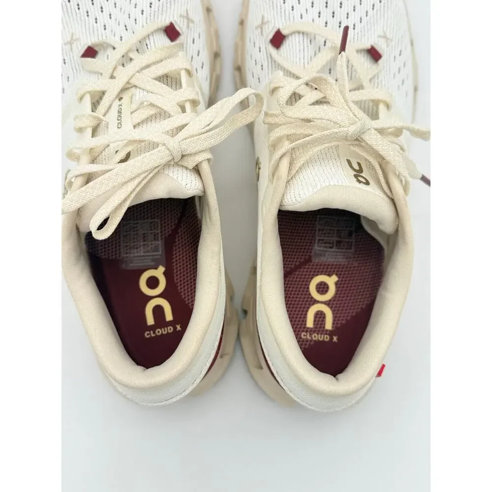 On Cloud X 4 Mens US 8 Ivory Cream Burgundy Training Shoes CloudTec EUC